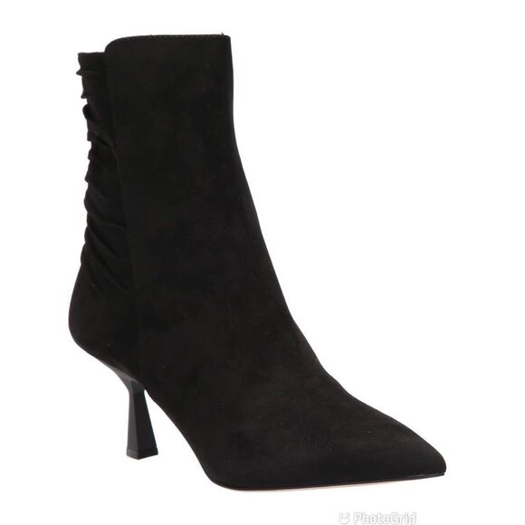 ZAC‎ POSEN Black Ruched Suede Stiletto Midi Boot Bootie Pointed Toe Size 11 - Picture 1 of 12
